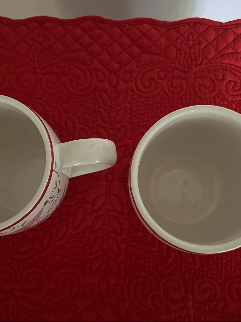 Pottery Barn White Holiday Gnome Mugs with Red Trim (Set of 2)